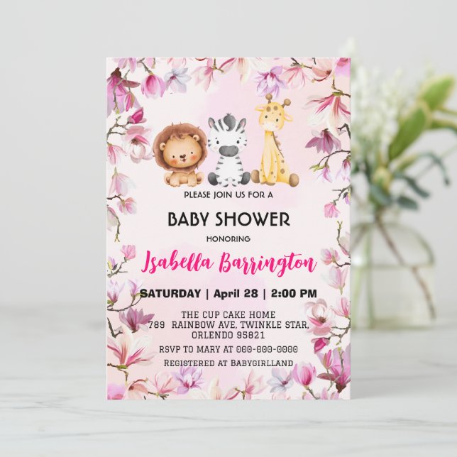 Rosa Niedliche Wildcupsafari Blume Babydusche Kind Einladung (Stehend Vorderseite)