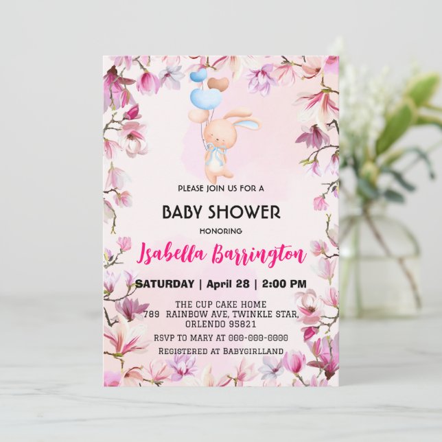 Rosa Niedlicher Ballon Blume Babydusche Kinder Einladung (Stehend Vorderseite)