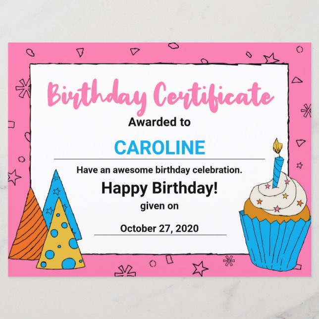 Rosa Niedlicher Cupcake Clipart Geburtsurkunde (Vorderseite)