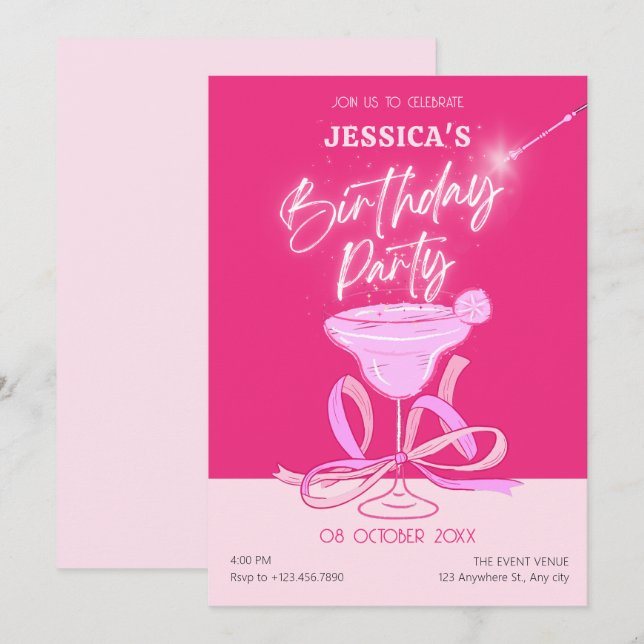 Rosa niedlicher Funkelbogencocktail Geburtstagspar Einladung (Vorne/Hinten)