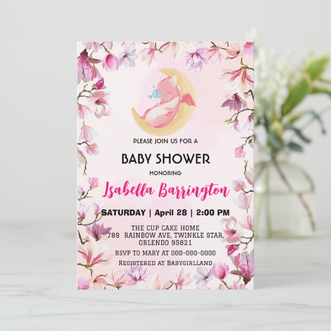 Rosa Niedlicher Kinderdrache Dino Blume Babydusche Einladung (Stehend Vorderseite)