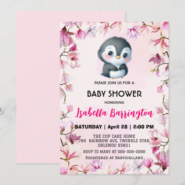 Rosa Niedlicher Pinguin süße Blume Babydusche Kind Einladung (Vorne/Hinten)