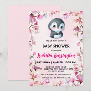 Rosa Niedlicher Pinguin süße Blume Babydusche Kind Einladung