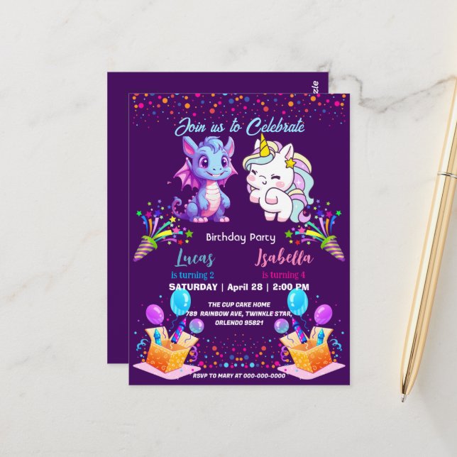 Rosa Niedlicher Regenbogen Einhorndinosaurier 2. G Postkarte (Vorderseite/Rückseite Beispiel)