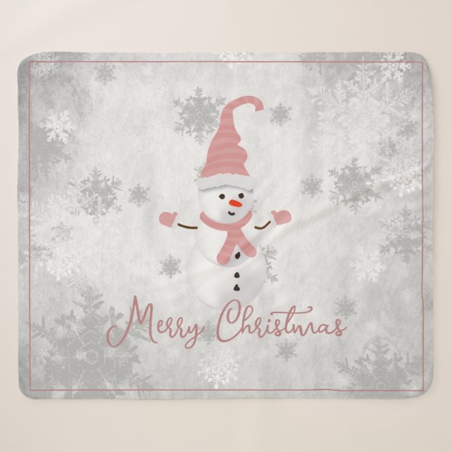 Rosa Niedlicher Schneemann Holiday Sherpa Blanket Sherpadecke (Vorderseite (Horizontal))