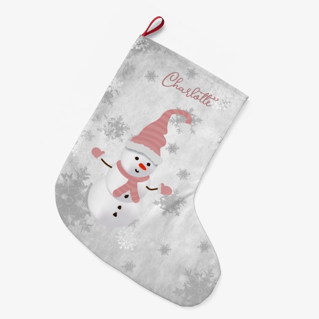 Rosa Niedlicher Schneemann Strumpf Großer Weihnachtsstrumpf (Vorderansicht (hängend))