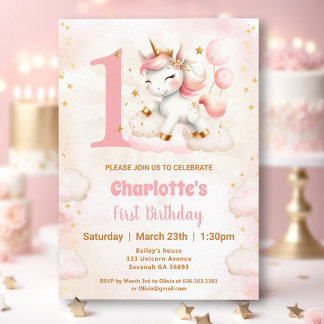 Rosa Niedliches Einhorn Girl 1. Geburtstag Einladu Einladung