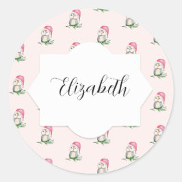 Rosa Niedliches Owl Wasserfarbmuster Mit Monogramm Runder Aufkleber
