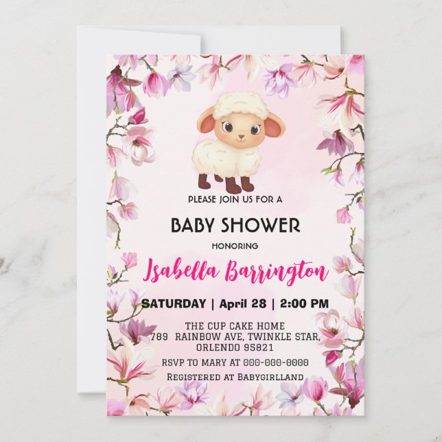 Rosa Niedliches Schaf Blume Blumenbaby Dusche Kind Einladung (Vorderseite)