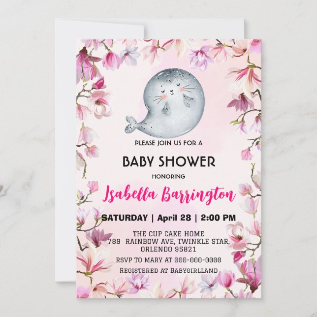 Rosa Niedliches Siegel Löwe Blume Blütendusche Kin Einladung (Vorderseite)