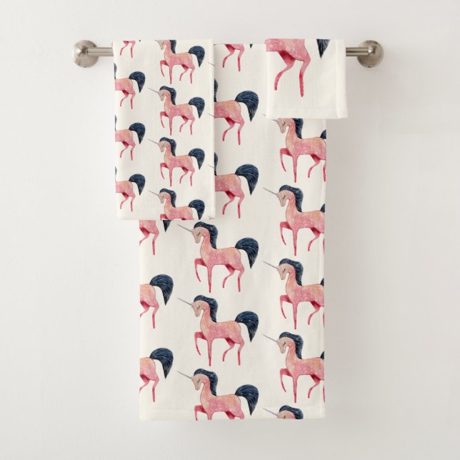 Rosa Nordic Unicorn mit schwarzem Mane Badhandtuch Set (Insitu)