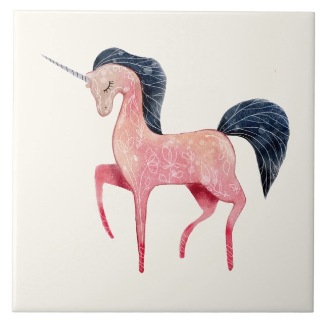 Rosa Nordic Unicorn mit schwarzem Mane Fliese (Vorderseite)