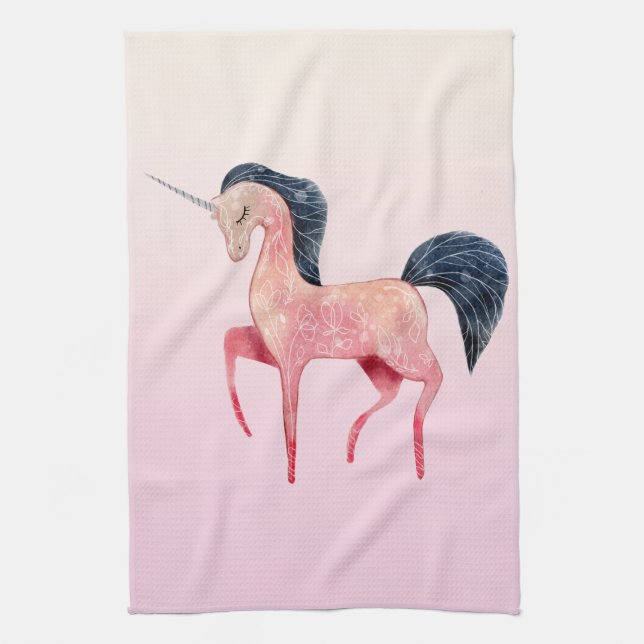 Rosa Nordic Unicorn mit schwarzem Mane Geschirrtuch (Vertikal)