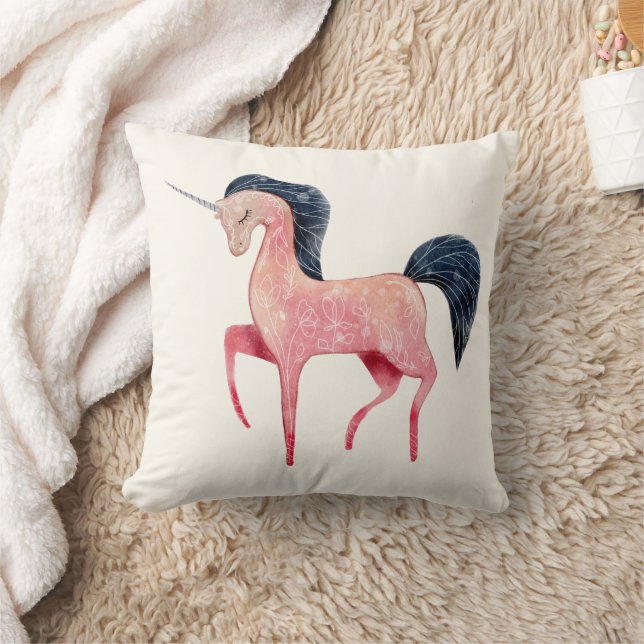 Rosa Nordic Unicorn mit schwarzem Mane Kissen (Decke)