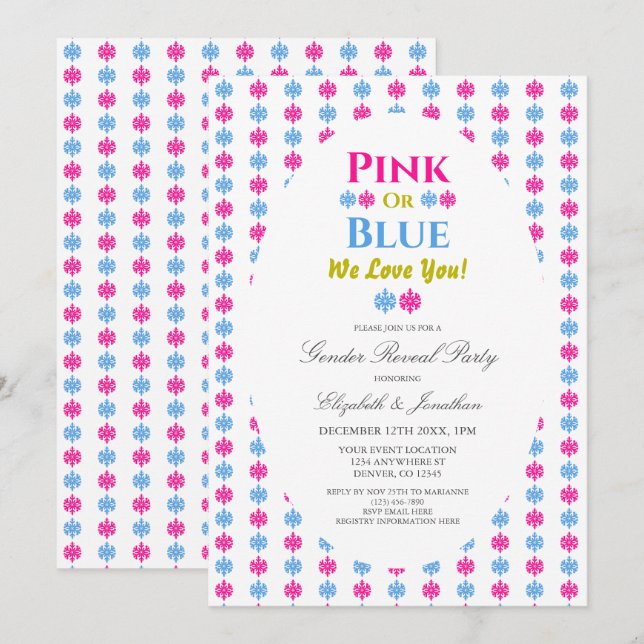 Rosa oder blau Wir Liebe Sie Schneeflocken Geschle Einladung (Vorne/Hinten)