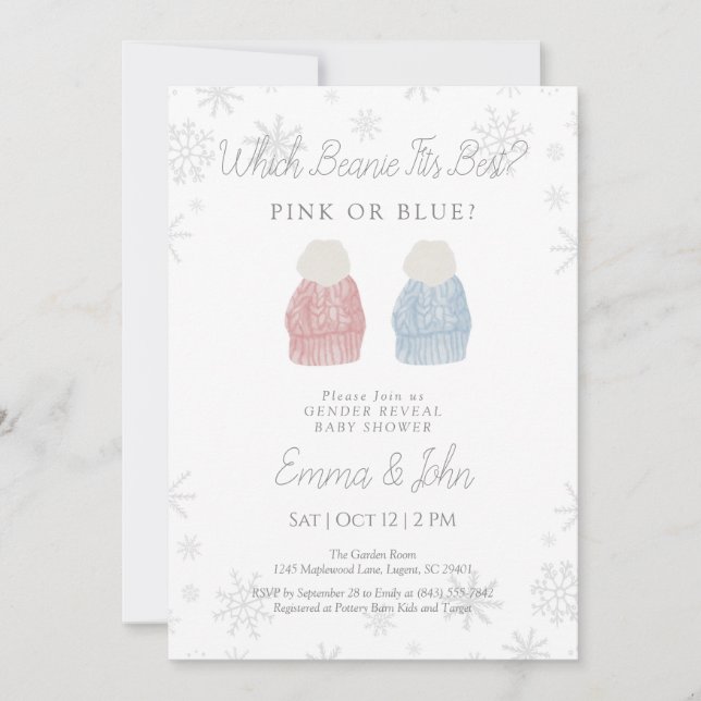 Rosa oder blaue Beanie Einladung (Vorderseite)