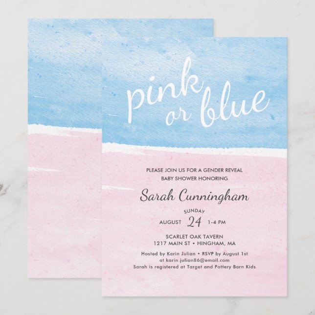 Rosa oder blaue Wasserfarbe Geschlecht zeigt Babyd Einladung (Vorne/Hinten)