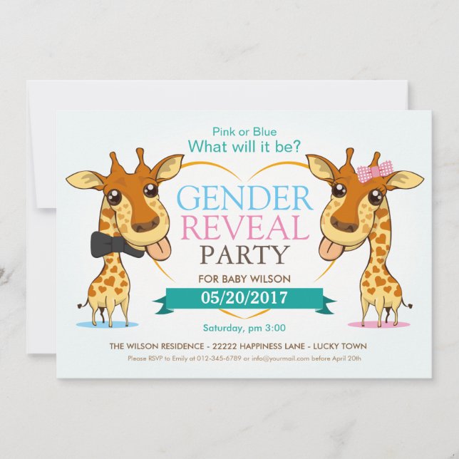 Rosa oder Blue Baby Giraffe Gender Reveal Party UA Einladung (Vorderseite)