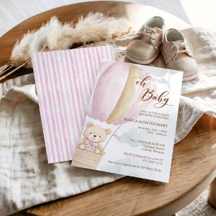 Rosa Oh Baby Script Bär im Heißluftballon Dusche Einladung