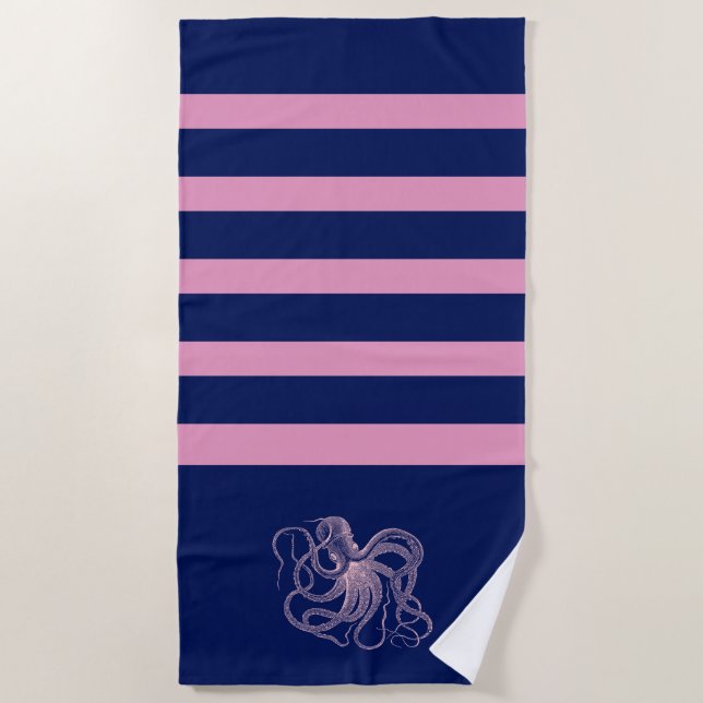 Rosa Oktopus mit blauen und rosa Streifen Strandtuch (Vorderseite)