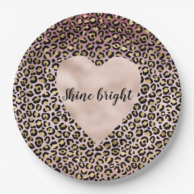 Rosa Ombre Gold Black Leopard Prinz Herz  Pappteller (Vorderseite)