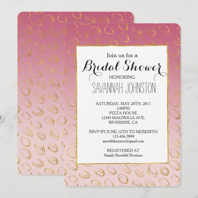 Rosa Ombre Gold Chic Circles Brautparty Einladung (Vorne/Hinten)