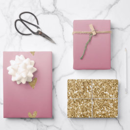 Rosa Ombre Gold Glitzer Herz Geschenkpapier Set