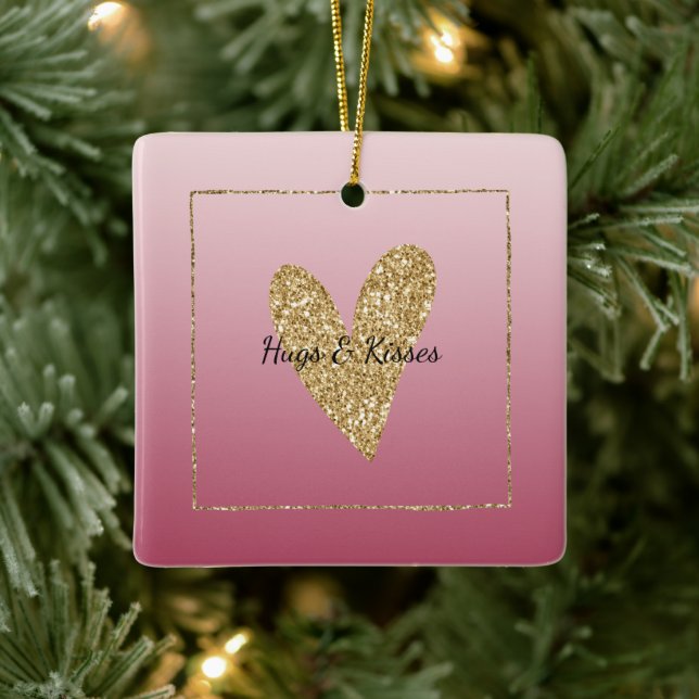 Rosa Ombre Gold Glitzer Herz Keramikornament (Baum)