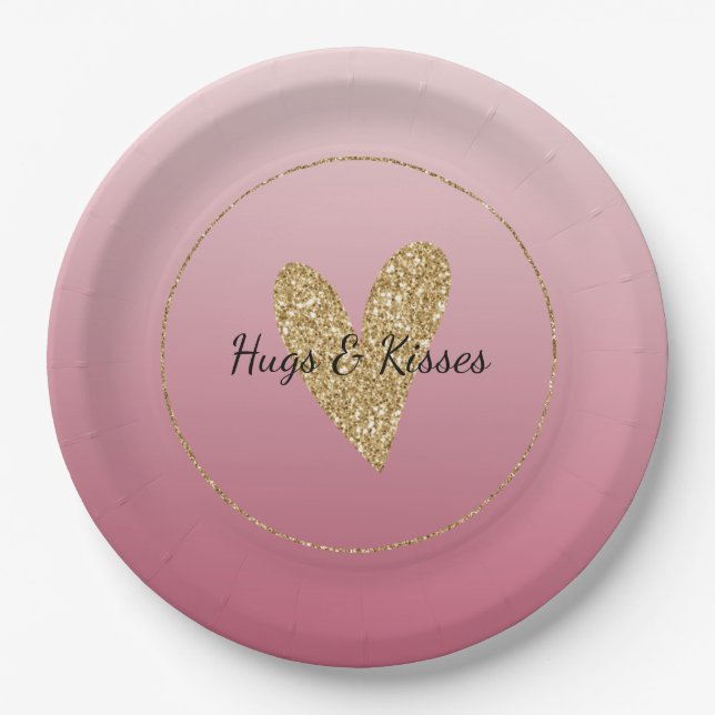 Rosa Ombre Gold Glitzer Herz Pappteller (Vorderseite)