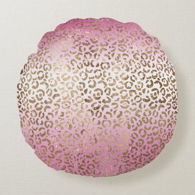 Rosa Ombre Gold Leopard Print Rundes Kissen (Vorderseite)