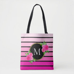 Rosa Ombre Streifen Wasserfarben Schwarzes Monogra Tasche
