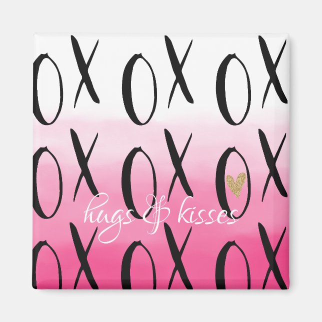 Rosa Ombre Wasserfarbe Schwarz XOXO Herz Magnet (Vorne)