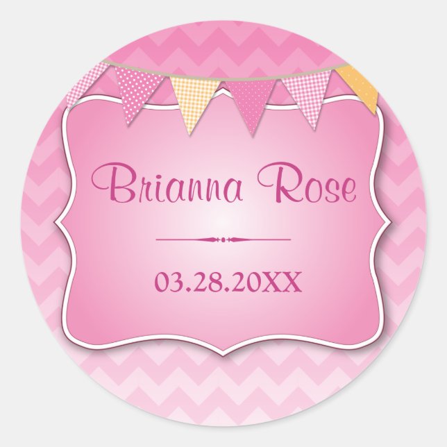 Rosa Ombre Zickzack Baby-Name Runder Aufkleber (Vorderseite)