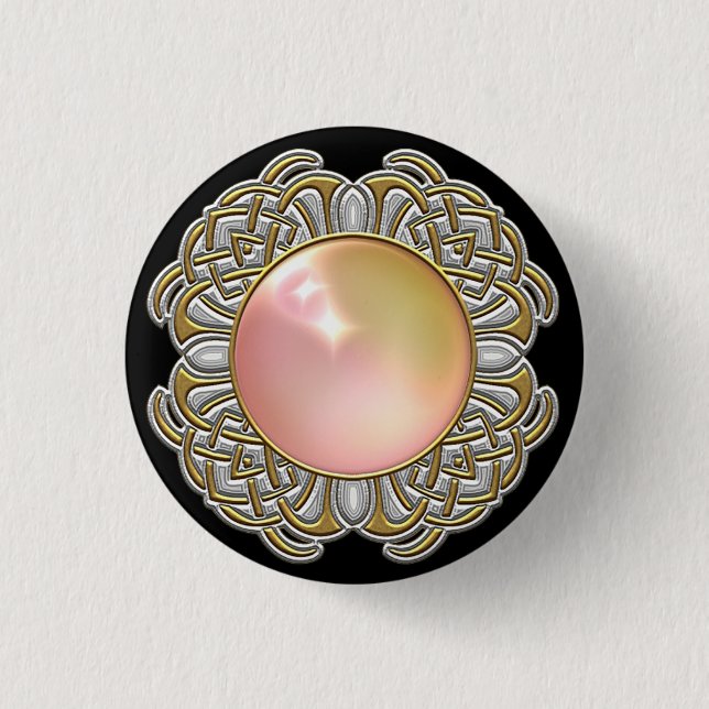 Rosa Opalperlen-Juwel-Goldeinfassung auf Schwarzem Button (Vorderseite)