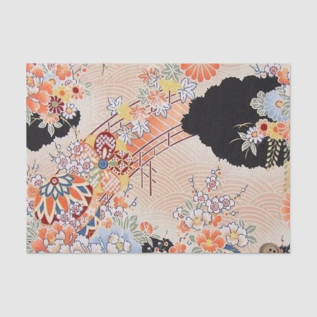 Rosa Orange Black Japanisch Kimono Blumendekoupage Seidenpapier (Vorderseite)