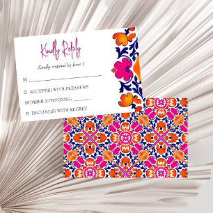 Rosa orange-blaue mexikanische Fliesen Hochzeit RSVP Karte