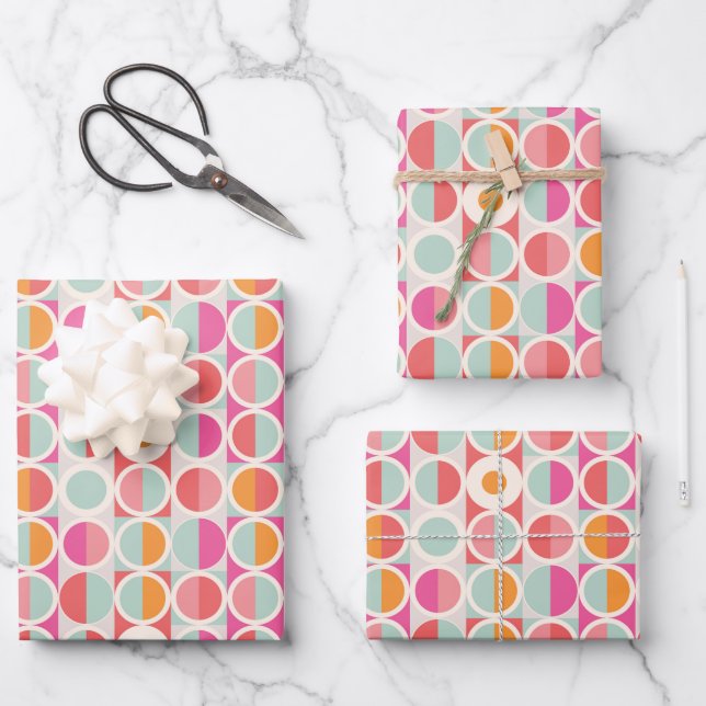 rosa Orange Blaues geometrisches Muster Geschenkpapier Set (Vorderseite)