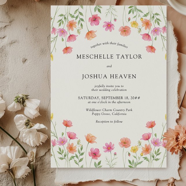 Rosa Orange Blumen Hochzeit Formal Einladung (Pink Orange Floral Wedding Invitation from Wildflower Bloom collection by Darling & May)