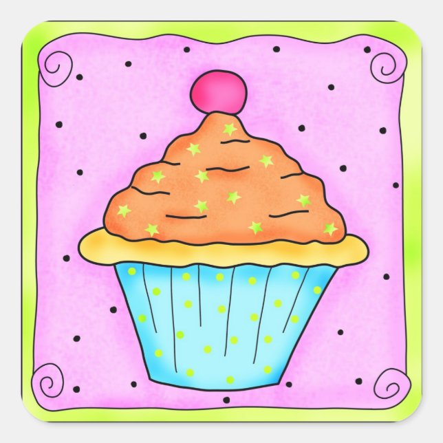 Rosa Orange Cherry Cupcake Aufkleber (Vorderseite)