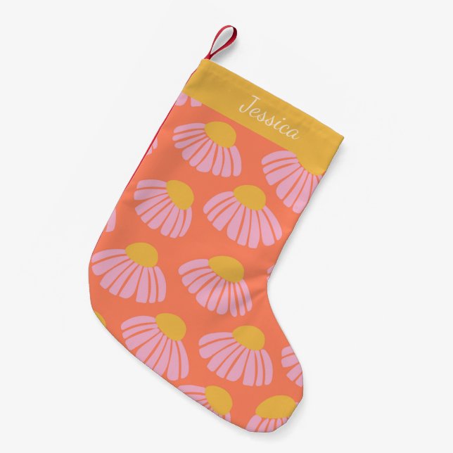 Rosa Orange Daisy Blume Muster Personalisiert Kleiner Weihnachtsstrumpf (Vorderansicht (hängend))