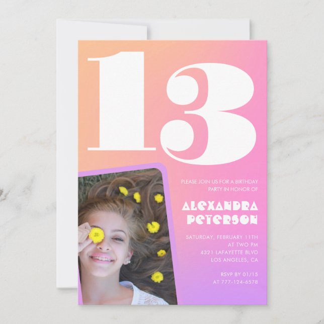 Rosa Orange Einladungen zum 13. Geburtstag Retro (Vorderseite)