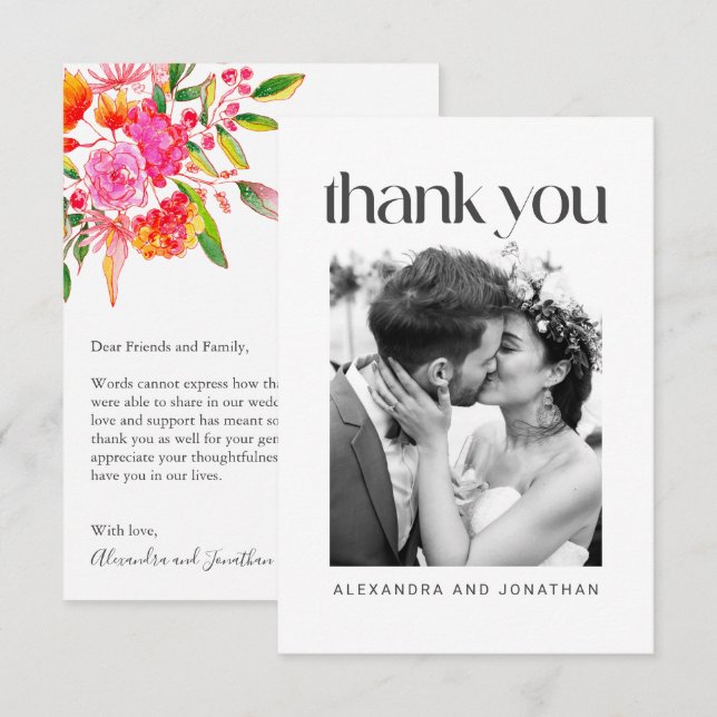 Rosa Orange Floral Wedding Foto Editable Message Dankeskarte (Vorne/Hinten)