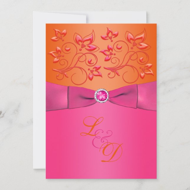 Rosa, orange-florale Monogramm Hochzeitseinladung Einladung (Vorderseite)