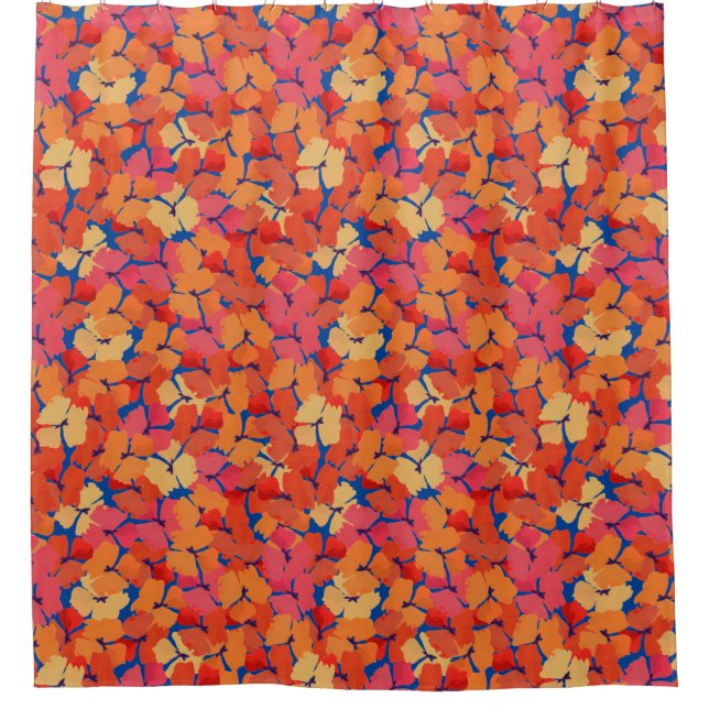 Rosa orange Gelb-Mohnblumen-Blumenmuster auf Blau Duschvorhang (Vorderseite)