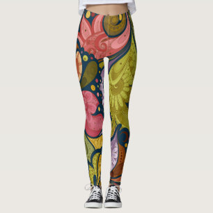 Rosa orange-gelb-violette Blumen und wirbel Leggings