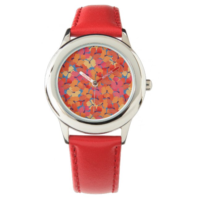 Rosa Orange Gelbe Poppies Kinder Rote Armbanduhr (Vorderseite)