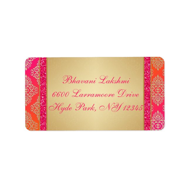 Rosa Orange Gold Damask IMITATE Glitzer-Adressenau Adressaufkleber (Vorne)