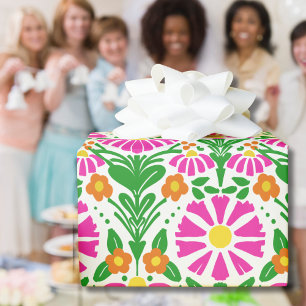 Rosa Orange Grüne Blüten Freudengeschenk  Geschenkpapier