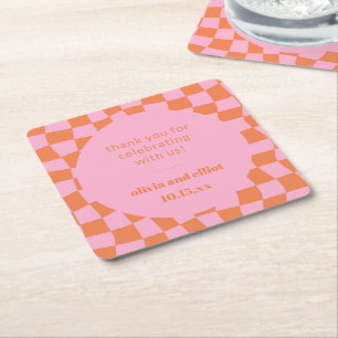 Rosa-orange karierte Retro-Paar-Dusche Rechteckiger Pappuntersetzer