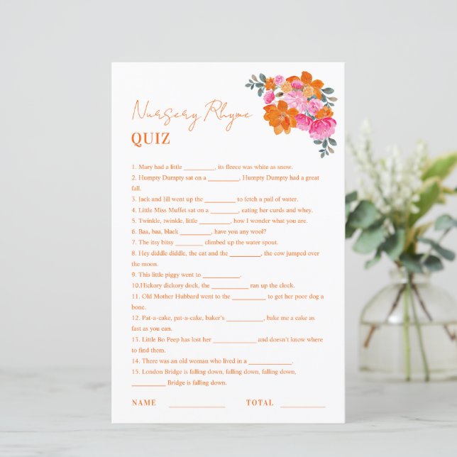 Rosa Orange Kinderzimmer Rhyme Quiz Baby Showspiel (Stehend Vorderseite)